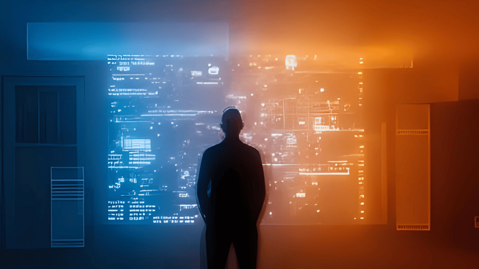 čovjek ispred slike koja simbolizira digitalne podatke koje generiraju naši pametni domovi