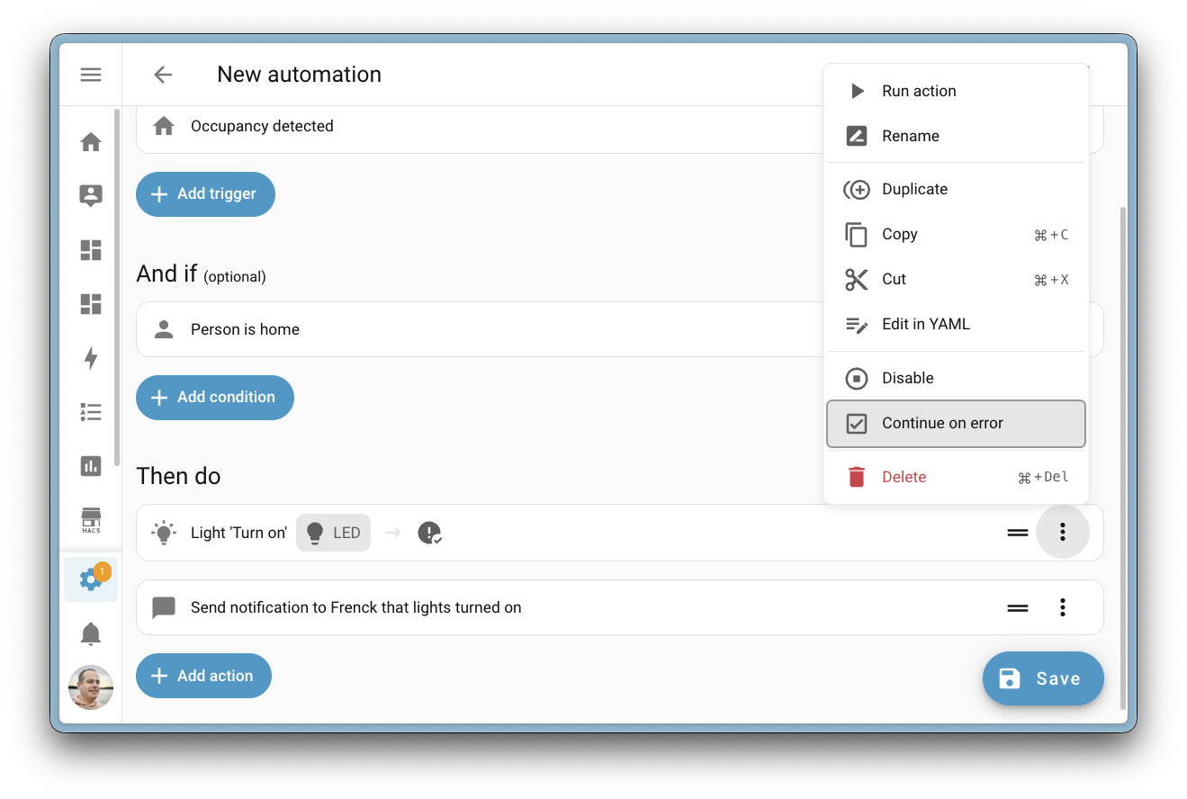HA izbornik u kojem je vidljiva opcija "nastavka pri grešci"
