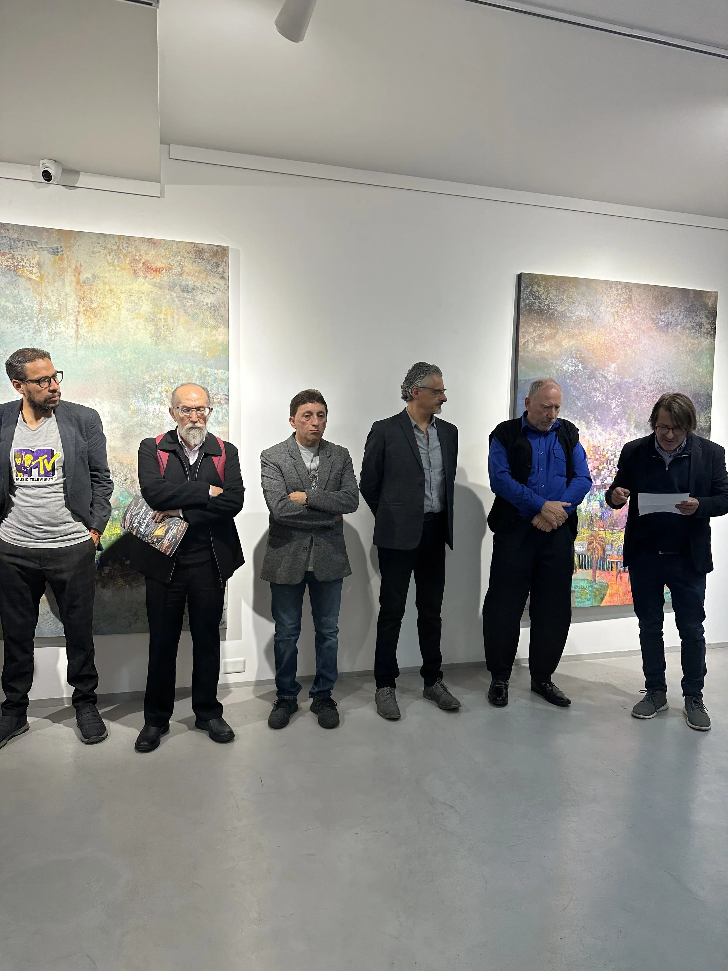 Art show Opening. rigth to left. Hernan Pacurucu (Curator), Carlos Rojas (Curator), Hernan Illescas (Artist), Boris Ordonez, (OFF Gallery Director) Ariel Dawi (artist), Cristobal Zapata (Curator)