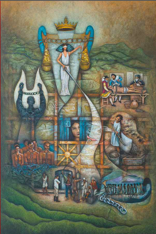 No. 4 Ages of Justice. - ADOLESCENCE: SLAVERY AND COLONY
Year: 2014
Acrylic on canvas 
Measures: 5 ft and 11 in x 8 ft and 7 in 
