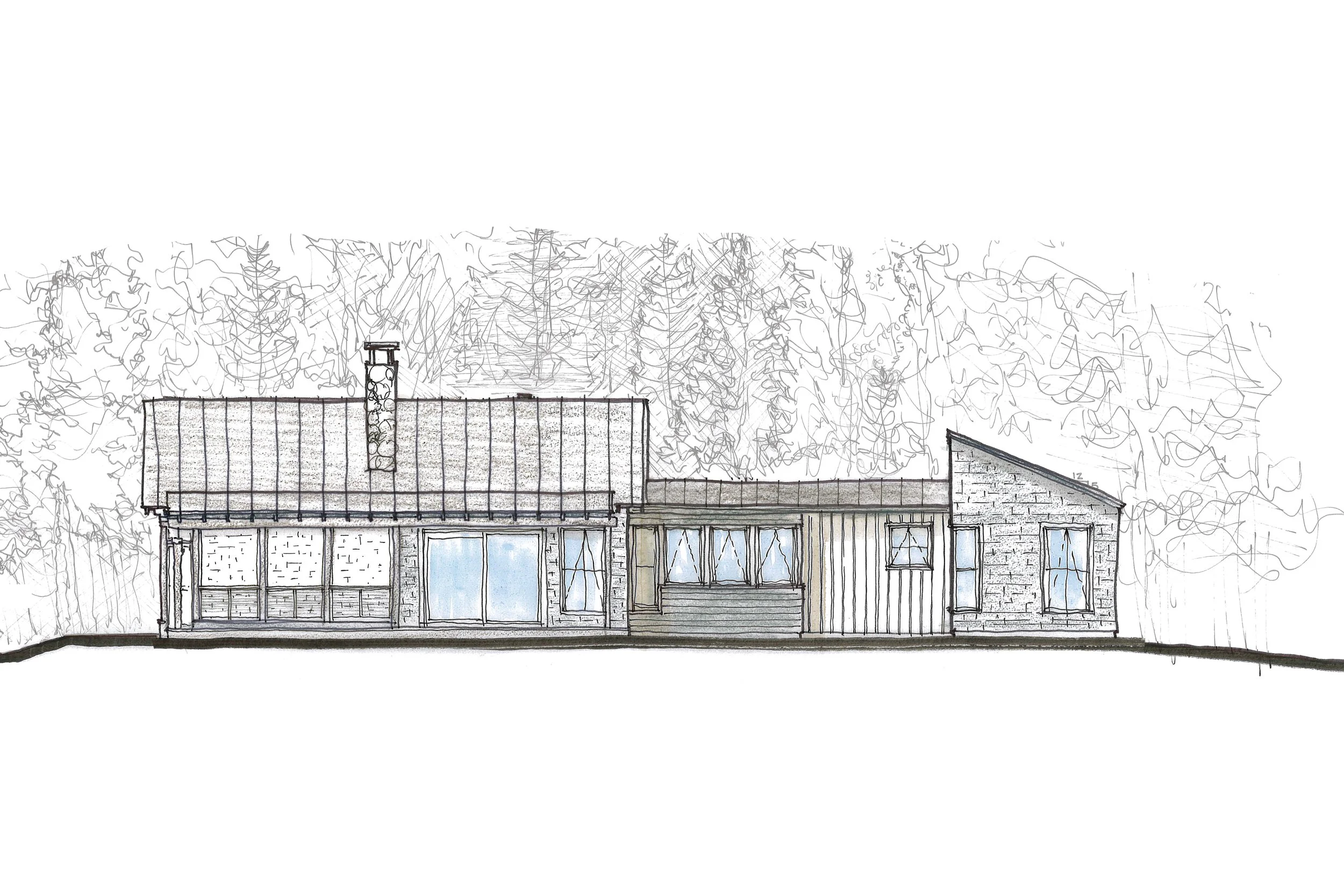 Modern Scandinavian cottage sketch in a forest with large screen porch and sliding doors, Hancock Cottage, Maine
