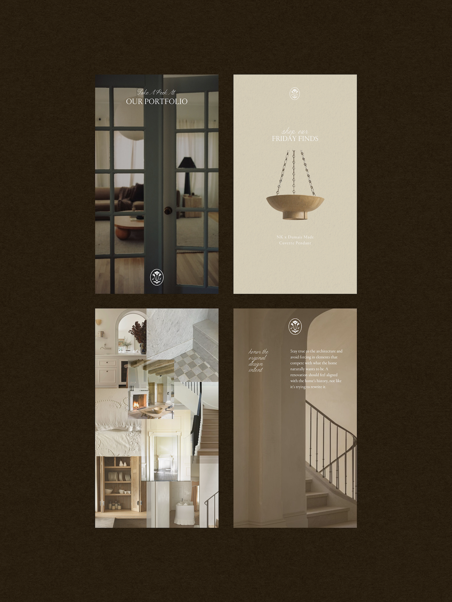 Design website layout featuring sections with home interior photos, a staircase, a fireplace, a bathroom interior, and decorative text about architecture and home design.
