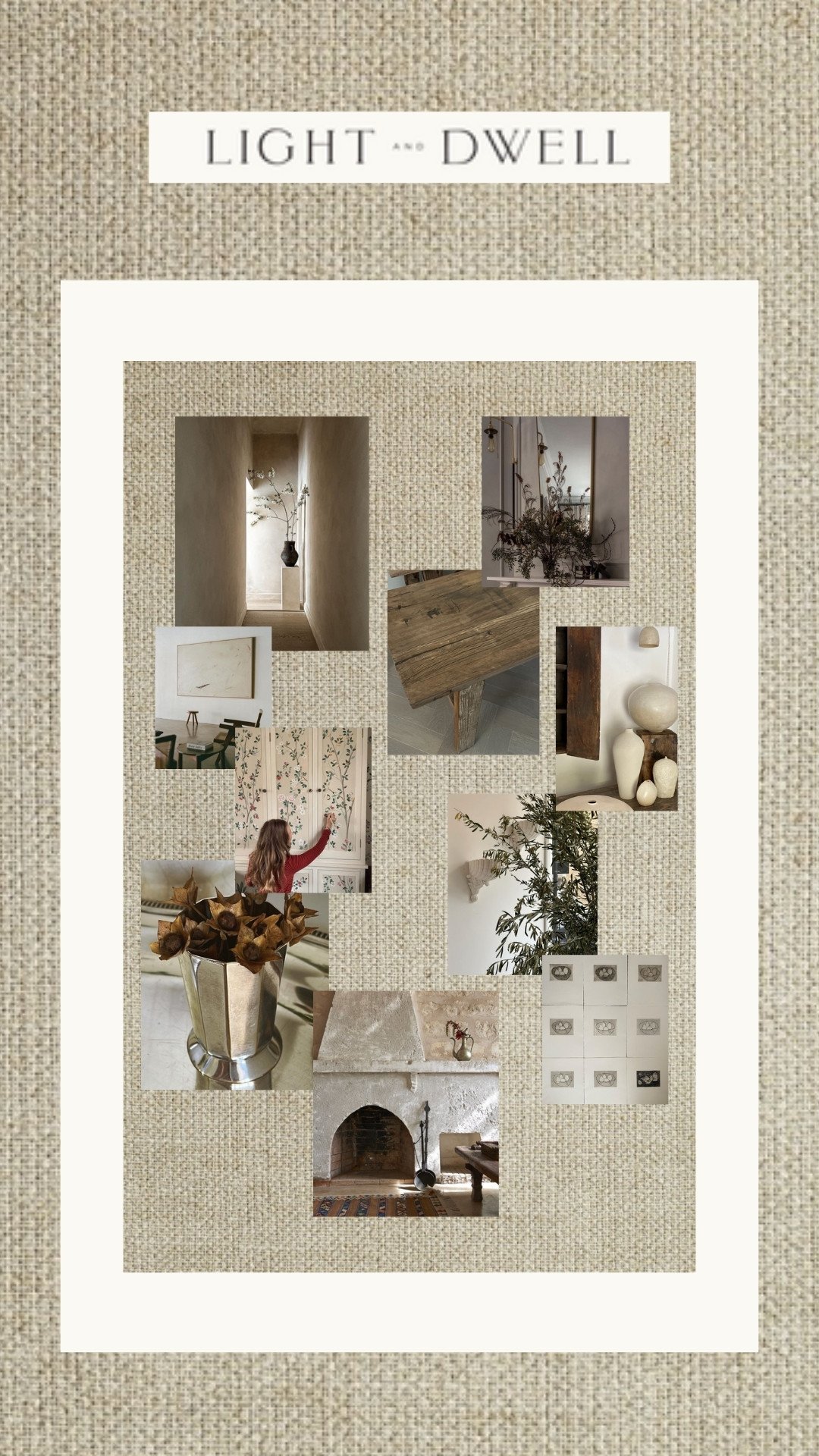 Collage of interior decor and design images, including vases, furniture, artwork, plants, and a fireplace, with a title 'Light Dwell' at the top.