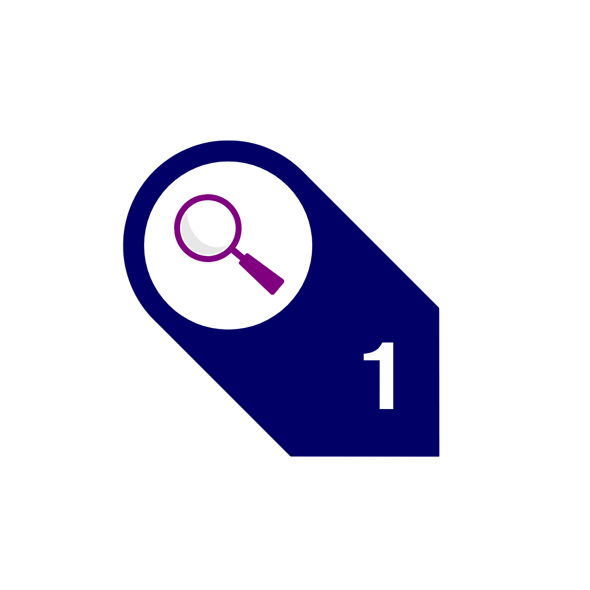 Icon of a magnifying glass with purple handle inside a white circle, attached to a navy blue label with the number one.