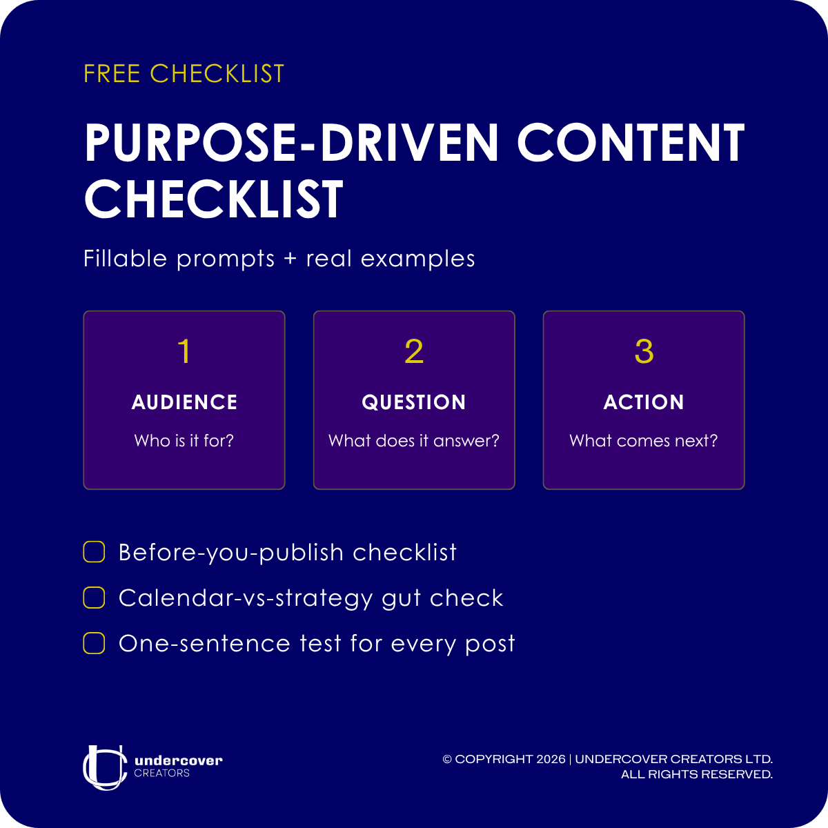 Purpose-Driven Content Checklist fillable prompts and real examples