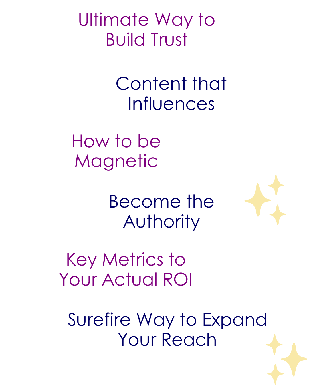 A list of strategies on a black background with white ripped paper-like accents, including purple and blue text, and sparkle graphics. The strategies are: 'Ultimate Way to Build Trust,' 'Content that Influences,' 'How to be Magnetic,' 'Become the Authority,' 'Key Metrics to Your Actual ROI,' and 'Surefire Way to Expand Your Reach.'