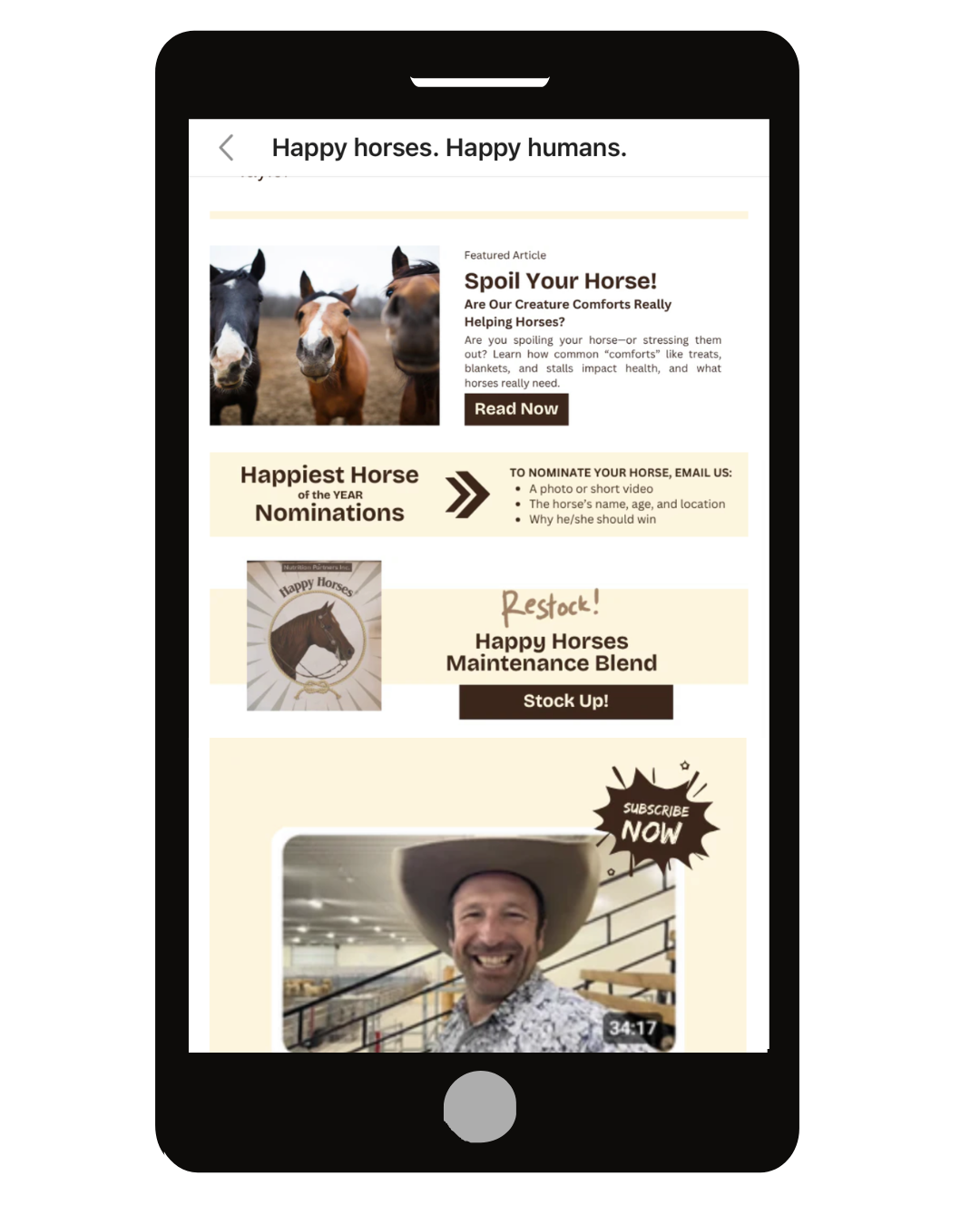 Mobile view of an email campaign created by Undercover Creators for Happy Horses, demonstrating clear messaging, strong visuals, and mobile-friendly email design.