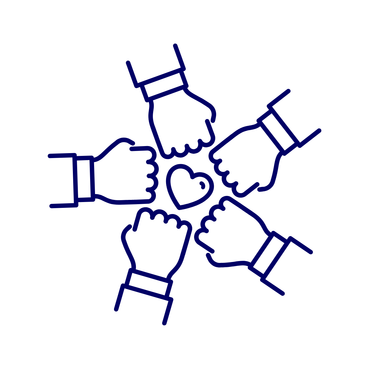Outline drawing of five hands giving thumbs up around a heart symbol.