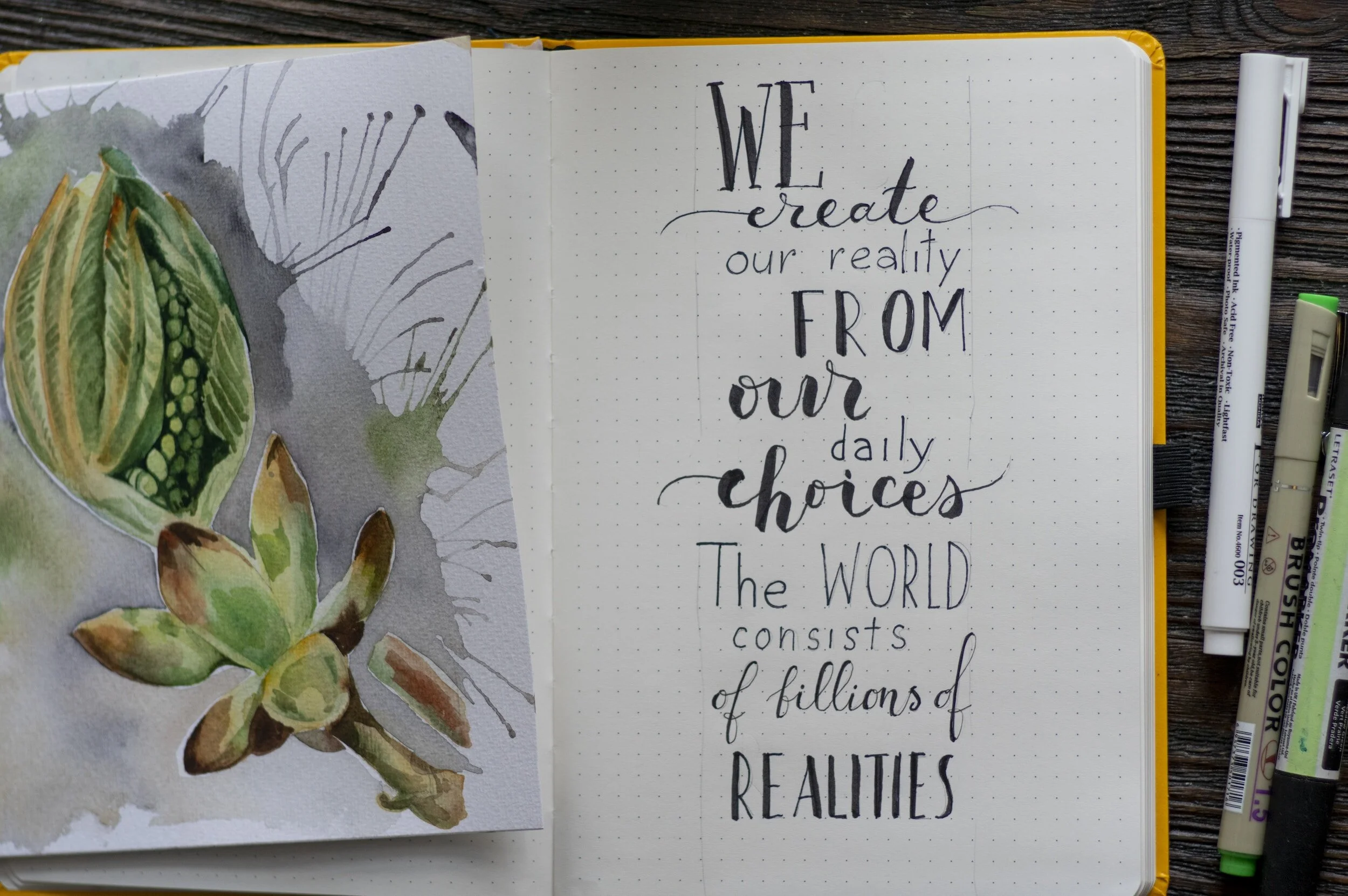 Open notebook with handwritten quote: 'We create our reality from our daily choices. The world consists of billions of realities.' Next to it is a watercolor painting of green succulents on a wooden surface, with pens and markers beside the notebook.