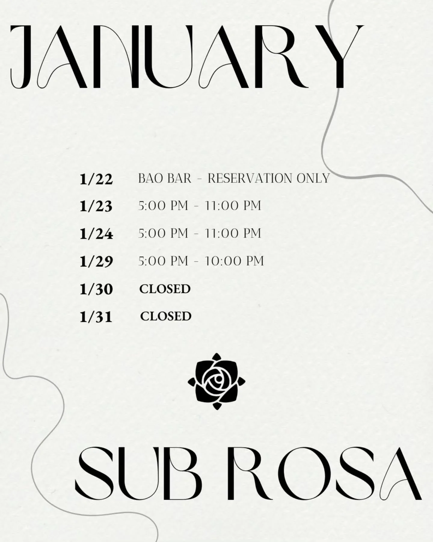 We've only got 4 more times to see you this month. 

Bao Bar tomorrow, 1/22, is 𝗥𝗘𝗦𝗘𝗥𝗩𝗔𝗧𝗜𝗢𝗡𝗦 𝗢𝗡𝗟𝗬***

Open regular hours 1/23, 1/24, 1/29

𝗖𝗟𝗢𝗦𝗘𝗗 𝟭/𝟯𝟬 &amp; 𝟭/𝟯𝟭

***STAY tuned for some super exciting things we are plannin