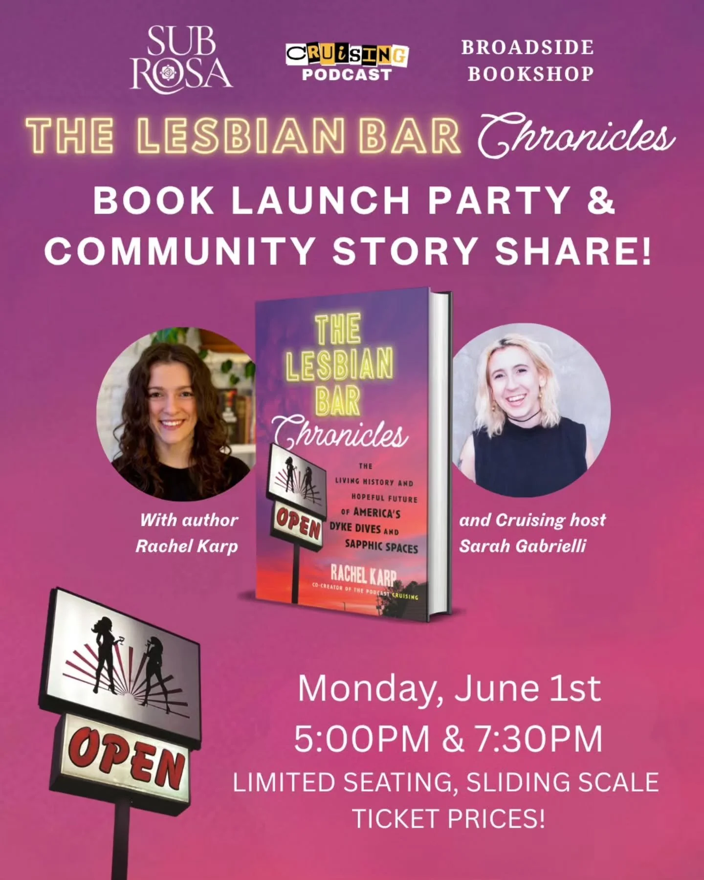 Gather at SR on Monday, June 1st for a community story-telling event with the author of The Lesbian Bar Chronicles and co-hosts of @cruisingpod. 5:00 PM &amp; 7:30 PM. 

Lesbian bars are so much more than a place to get a drink. For over a century, t