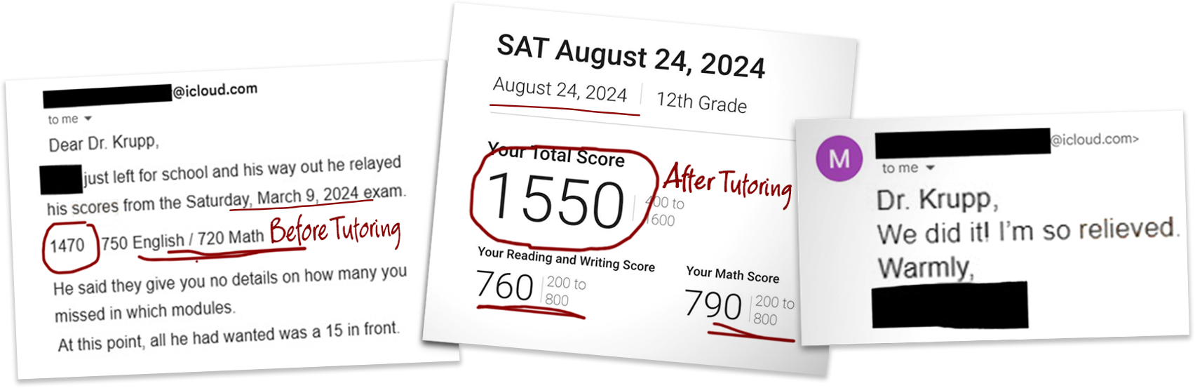 Three digital screenshots of emails and a test score report. The first email discusses a student's scores before tutoring, with a score of 1470. The second document is an SAT score report showing an improved score of 1550 after tutoring, with specific section scores. The third email mentions the student's relief and success.