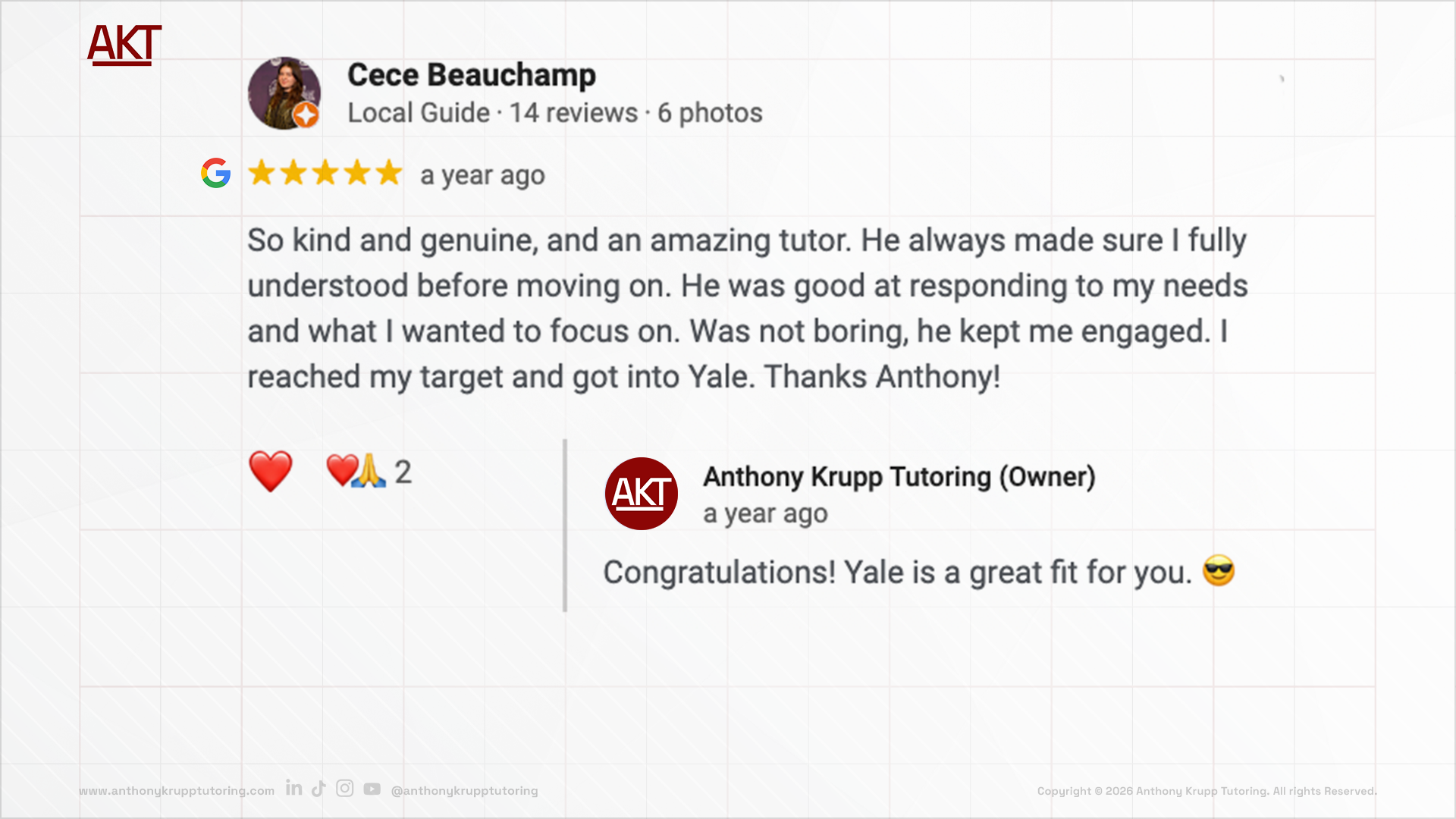 Cece Beauchamp google review-testimonial about Anthony Krupp Tutoring: 5 stars, so kind and genuine, and an amazing tutor. He always made sure I fully understood before moving on. He was good at responding to my needs and what I wanted to focus on. W