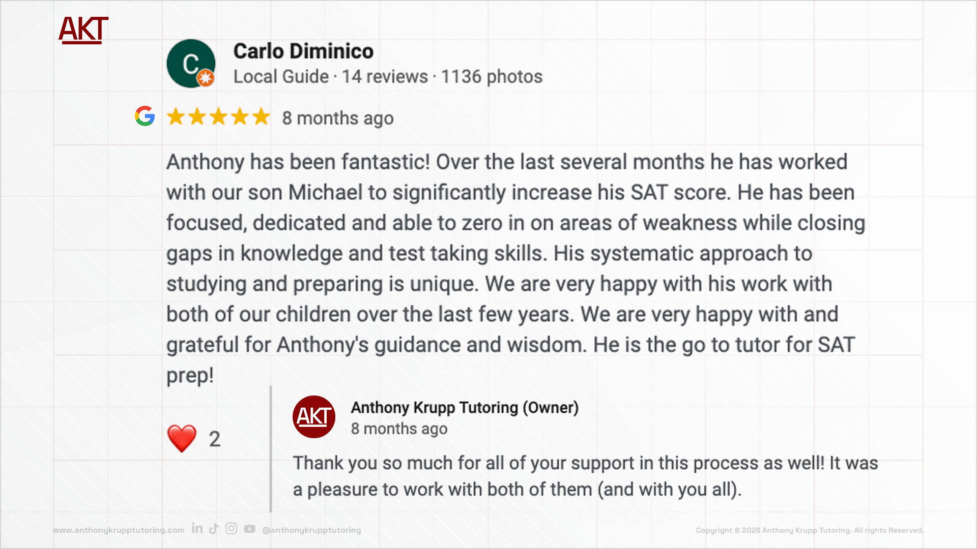 Carlo Diminico google review-testimonial about Anthony Krupp Tutoring: 5 stars, Anthony has been fantastic! Over the last several months he has worked with our son Michael to significantly increase his SAT score. He has been focused, dedicated and ab