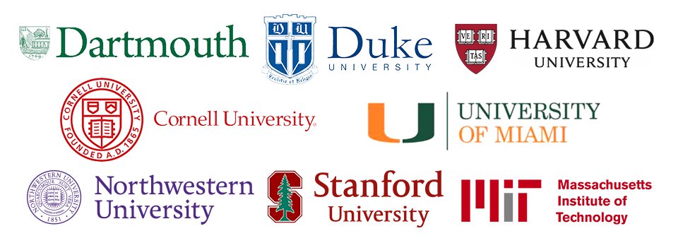 A collection of logos from various universities including Dartmouth, Duke, Harvard, Cornell, University of Miami, Northwestern, Stanford, Massachusetts Institute of Technology, with each logo in different colors and styles.