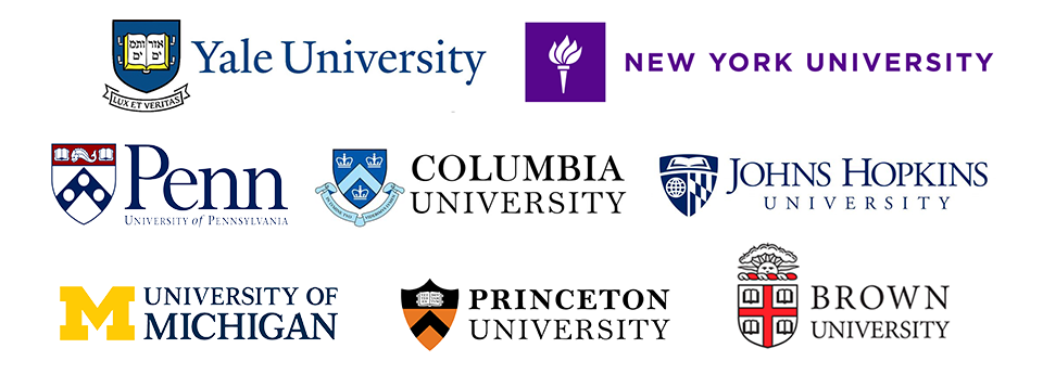 Logos of nine universities, including Yale, New York University, Penn, Columbia, Johns Hopkins, University of Michigan, Princeton, Brown, displayed on a white background.