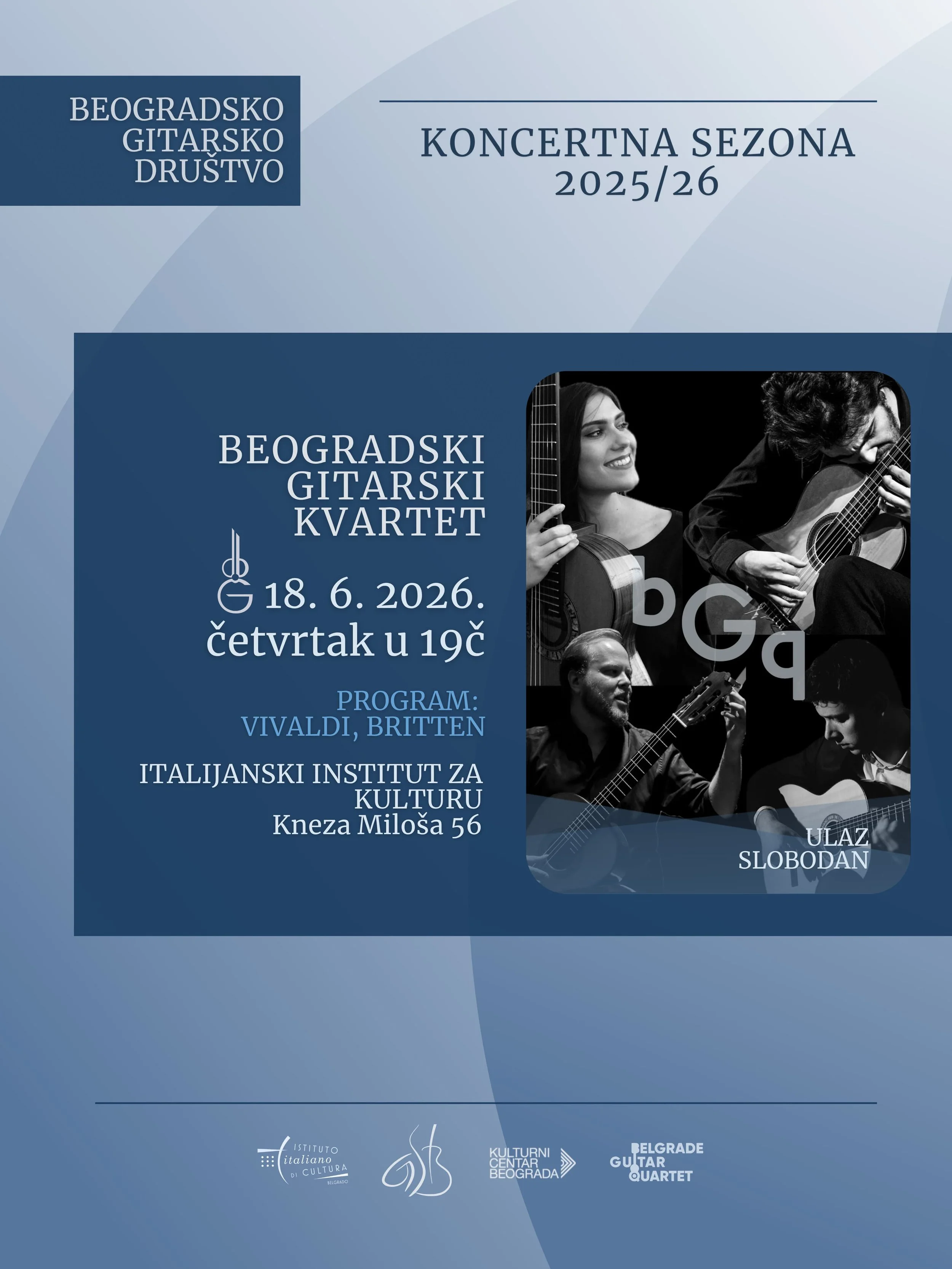 Beogradski gitarski kvartet nastupa na predstojećem koncertu 18. maja Beogradskog gitarskog društva