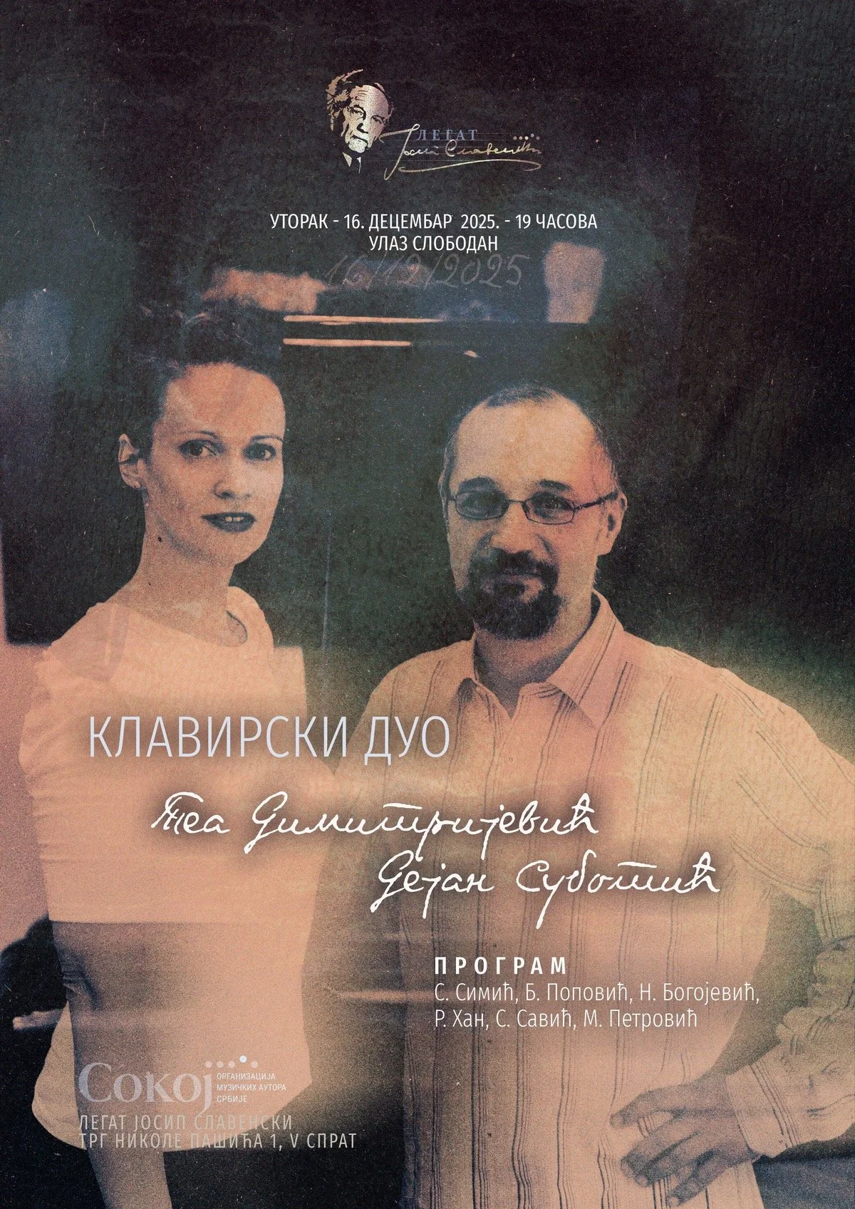 Klavirski duo Tea Dimitrijević i Dejan Subotić u Legatu Slavenski: koncert posvećen srpskim kompozitorima