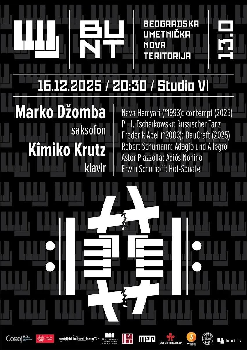 Završni koncert Festivala BUNT 13.0: Koncert saksofoniste Marka Džombe i pijanistkinje Kimiko Kruc u Studiju 6