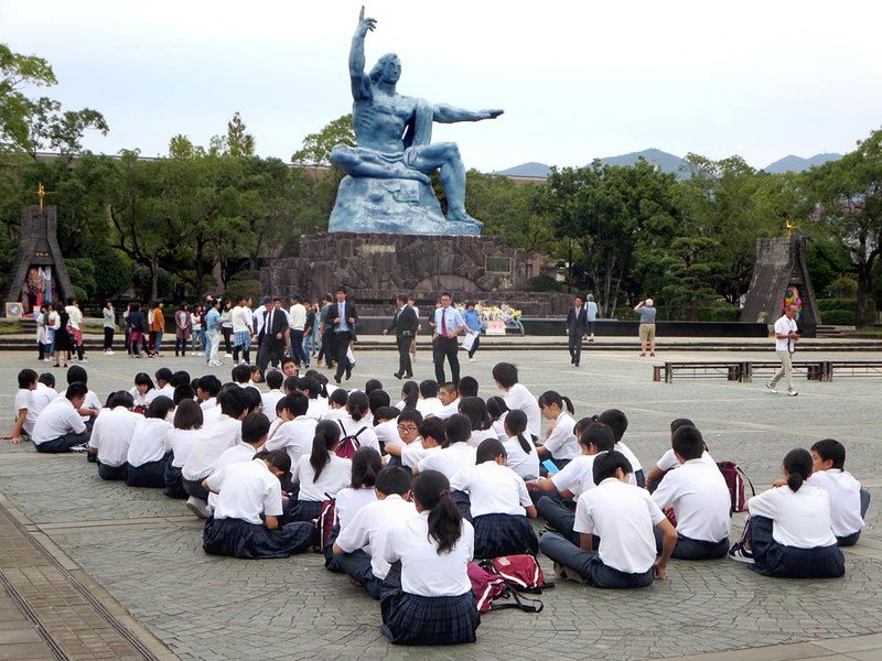 Memorial statue in Nagasaki honoring the victims of the atomic bombing.