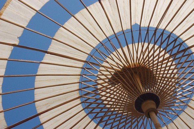 A traditional Kyoto bamboo umbrella, showcasing intricate craftsmanship and vibrant colors, embodying the elegance of Japanese culture.