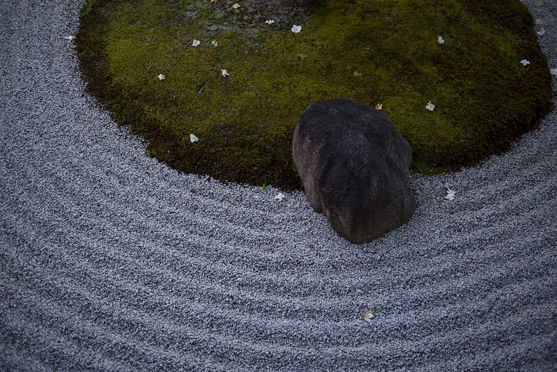 A rock nestled in a lush moss bed, creating a peaceful and natural scene, commonly found in Japanese gardens to symbolize harmony and the passage of time.