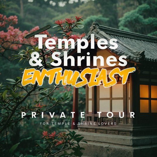 Poster for a shrine and temple tour showcasing iconic Japanese architecture.