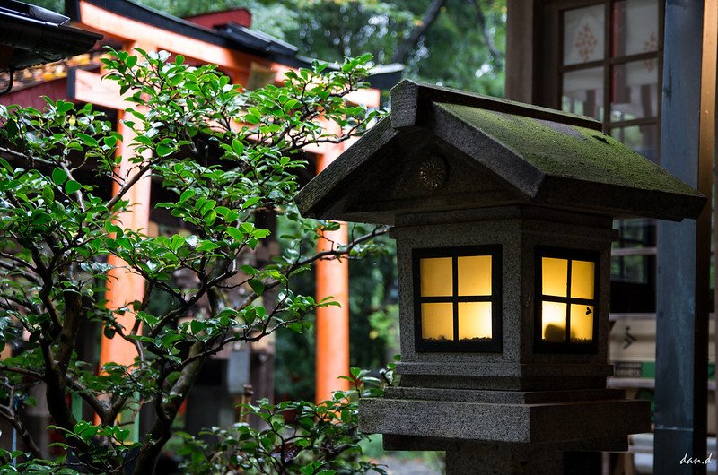 Traditional Japanese lantern with intricate designs glowing softly in a serene setting.