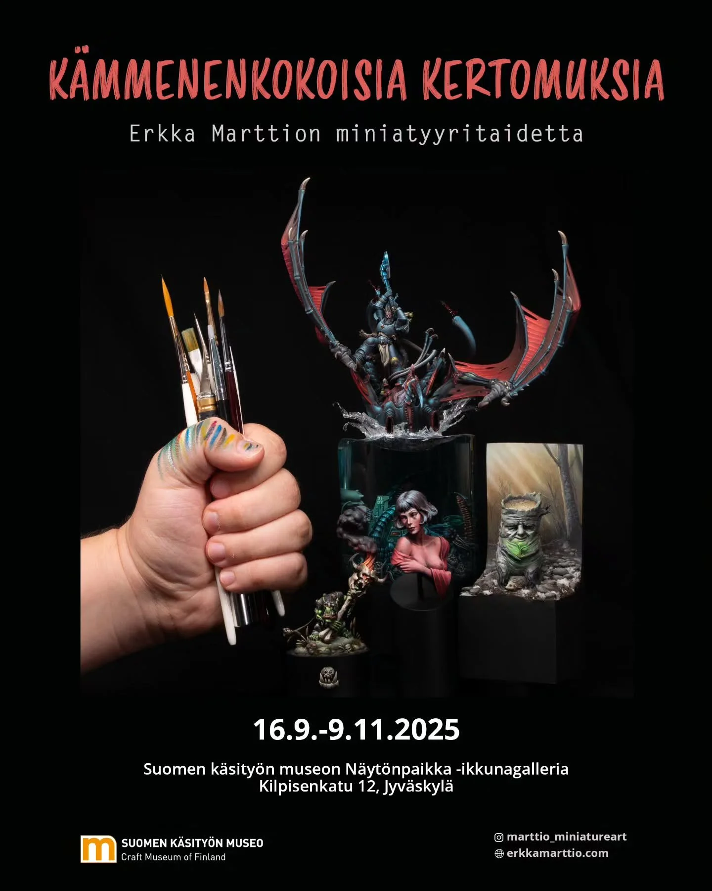 Excited to let you know that my miniature art exhibition titled &quot;K&auml;mmenenkokoisia kertomuksia&quot; will open in the National Craft Museum of Finland @suomenkasityonmuseo next week on 16.9., and it'll be in the N&auml;yt&ouml;npaikka window