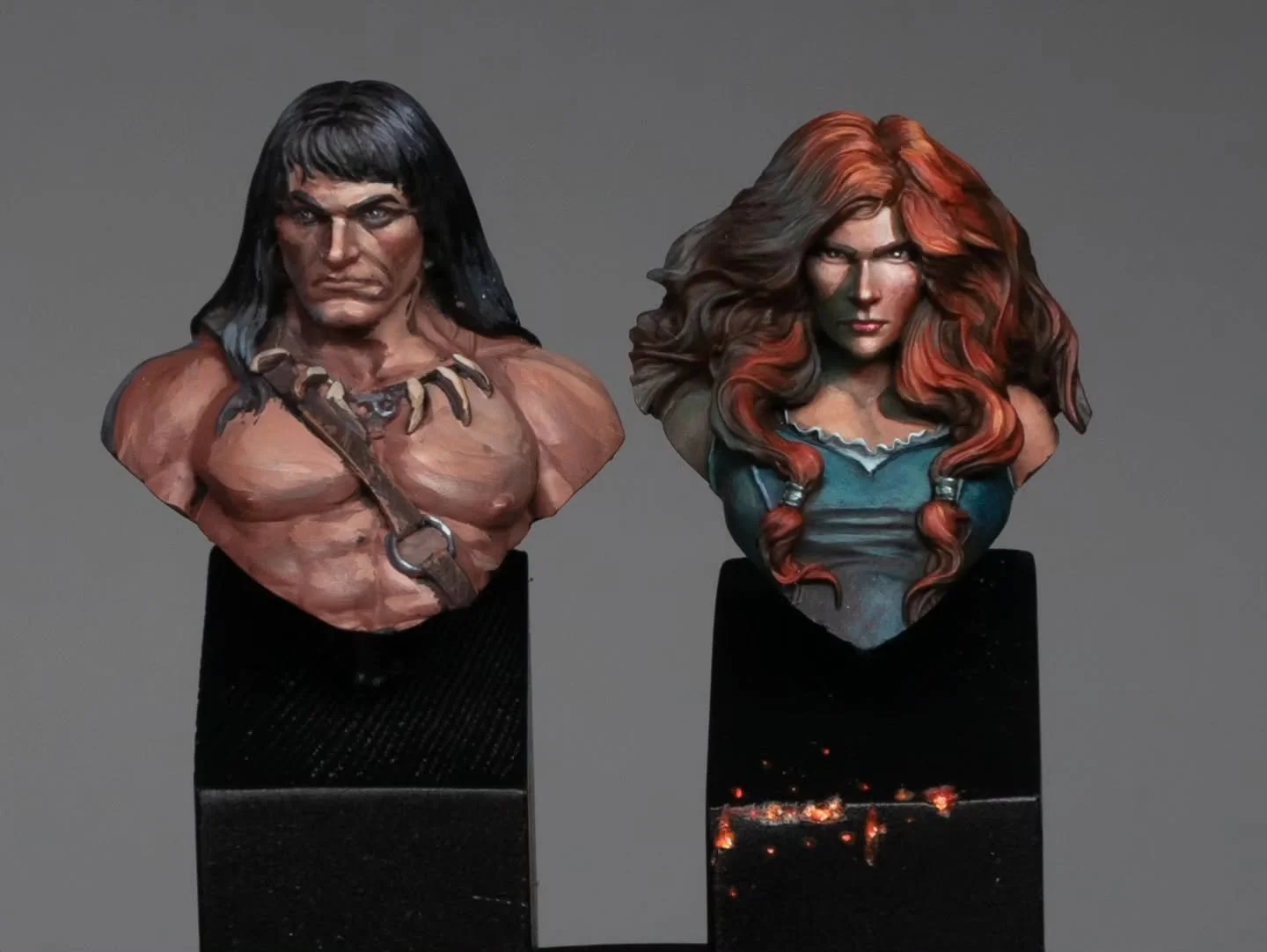 30 minutes &amp; 3 hours. Two quick exercises on these fun micro busts by @mindworksartstudio . Conan was a 30 minute sketch I did while demoing mixing skin tones and painting faces to some friends. The Fire Witch on the other hand was around 2-3 hou