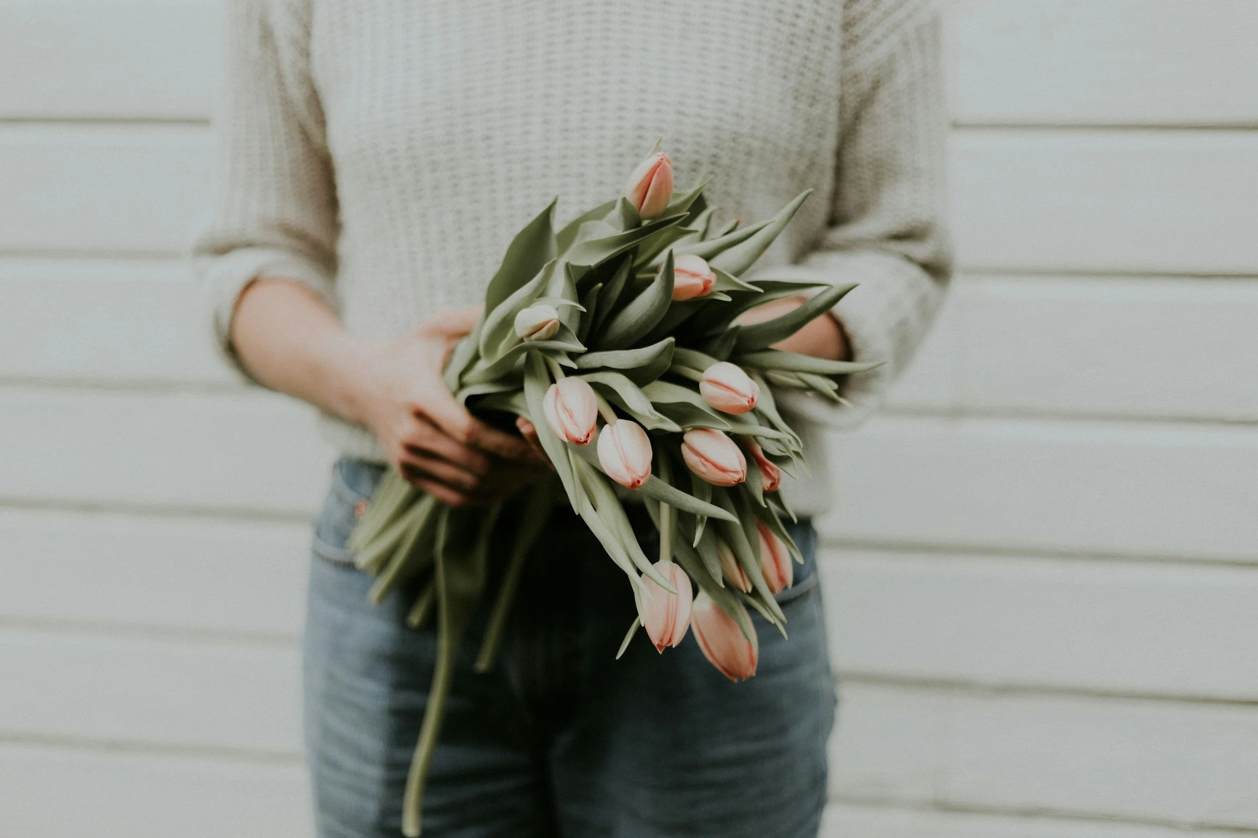 A person holding a bunch of pink tulips with green leaves in front of a white shiplap wall.