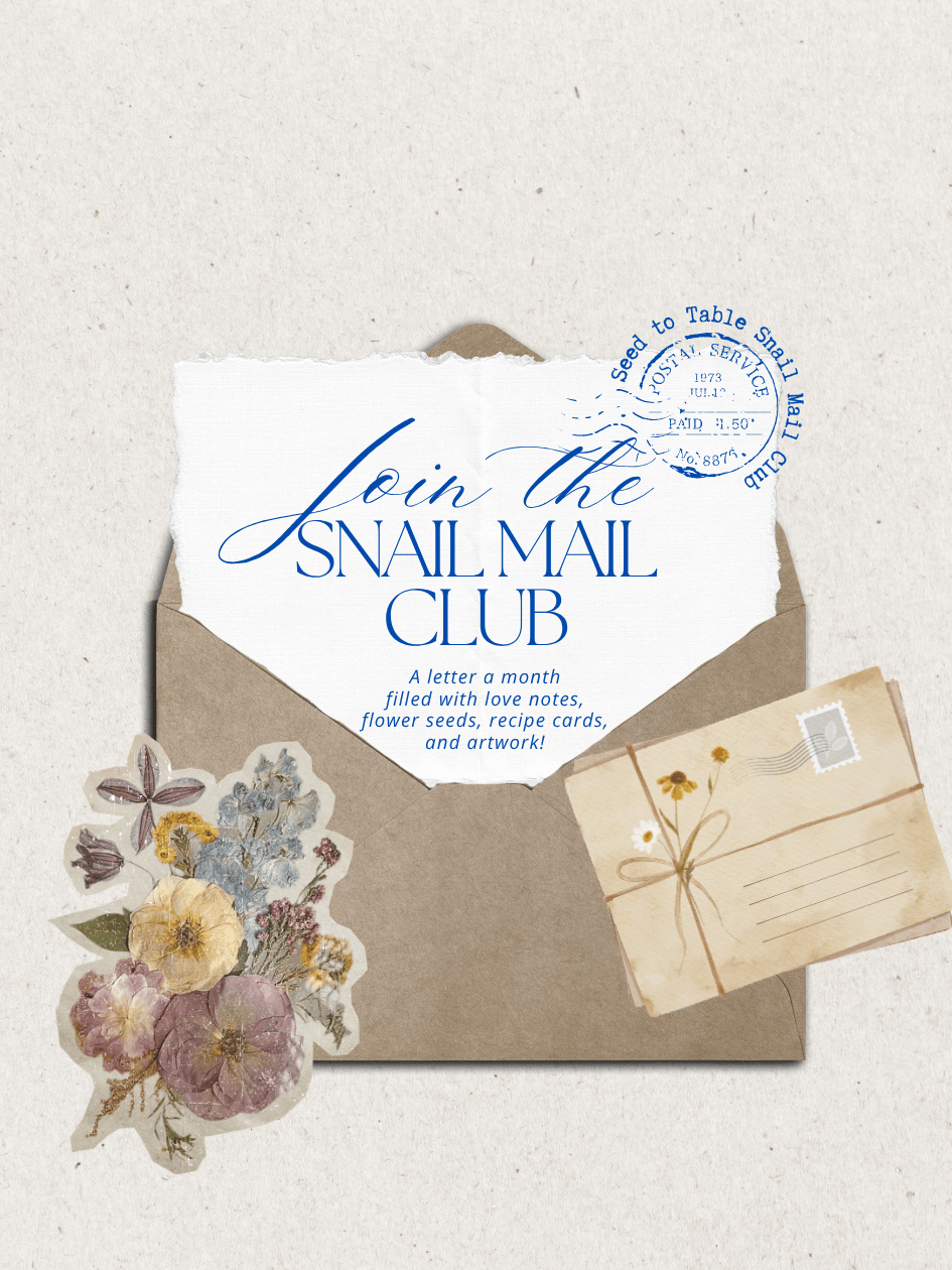 A letter in an envelope with floral stickers and a postcard, promoting the Snail Mail Club for sending love notes, flower seeds, recipe cards, and artwork.