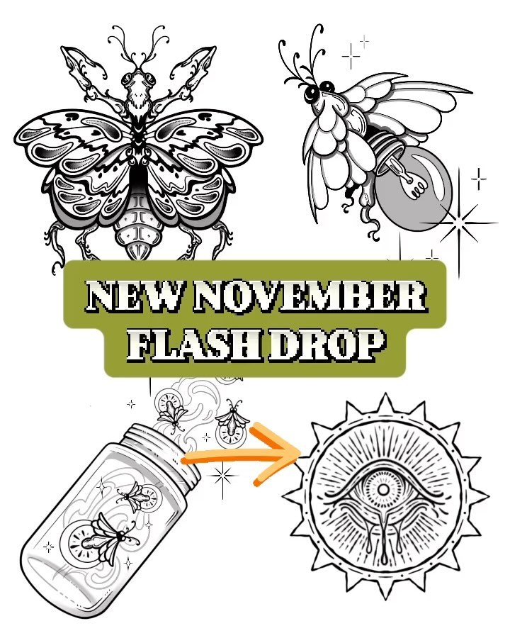 ✨Join us on Saturday Nov. 23 for our monthly Flash Day!✨

PRICING:
1. LARGE bugs $500 - 5ish inches
2. Firefly jar $400 - 5ish inches
3. Lightbulb bug, crocodile (+$100 for colour) $300 - 5ish inches
4. Sun eye $250 - 4ish inches
5. Dice, tooth, ligh