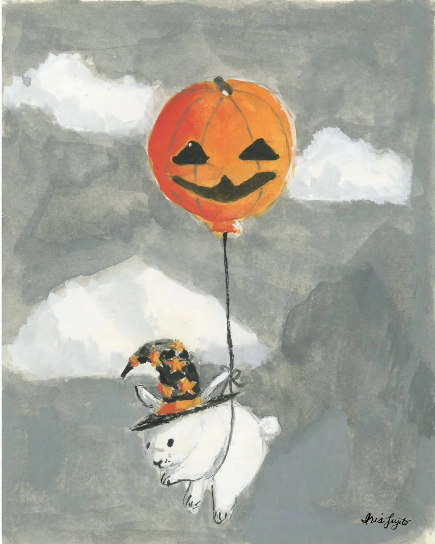 A week of Ink toTreat drawings! 👻
Mostly black-and-white gouache &mdash; with a color pop here and there
Each one&rsquo;s a tiny story &mdash; a cat with striped socks, stag-van-winkle, a bunny with her witch hat floating away with her pumpkin ballo