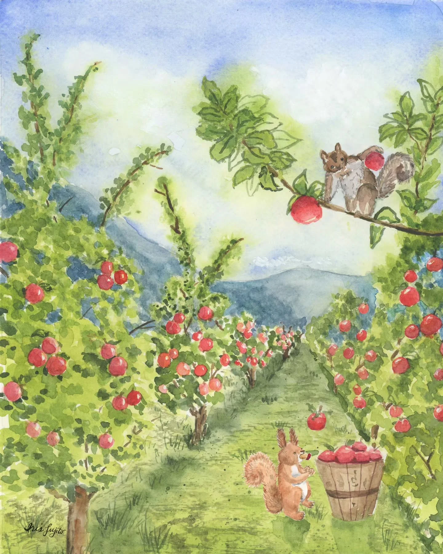 🍎🐿️ ORCHARD FLOOR - This is the first prompt of the theme &quot;A Forager's Tale&quot; in Jehane's Golden Thread Challenge. 

Somewhere between teamwork and mischief, these two squirrels turn the apple harvest into a game.This painting was inspired
