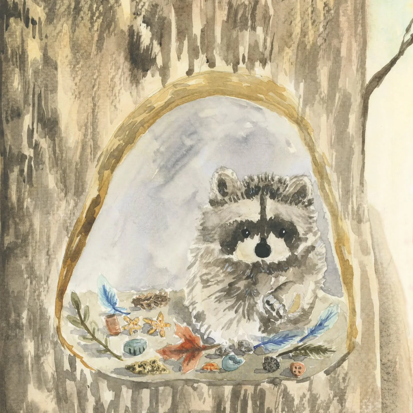 The prompt for #jehanesgoldenthread was found objects, and I imagined this little raccoon tucked into his tree hollow, sorting through the tiny things he&rsquo;s collected on his wanderings &mdash; smooth pebbles, mossy bits, a bottle cap, among othe