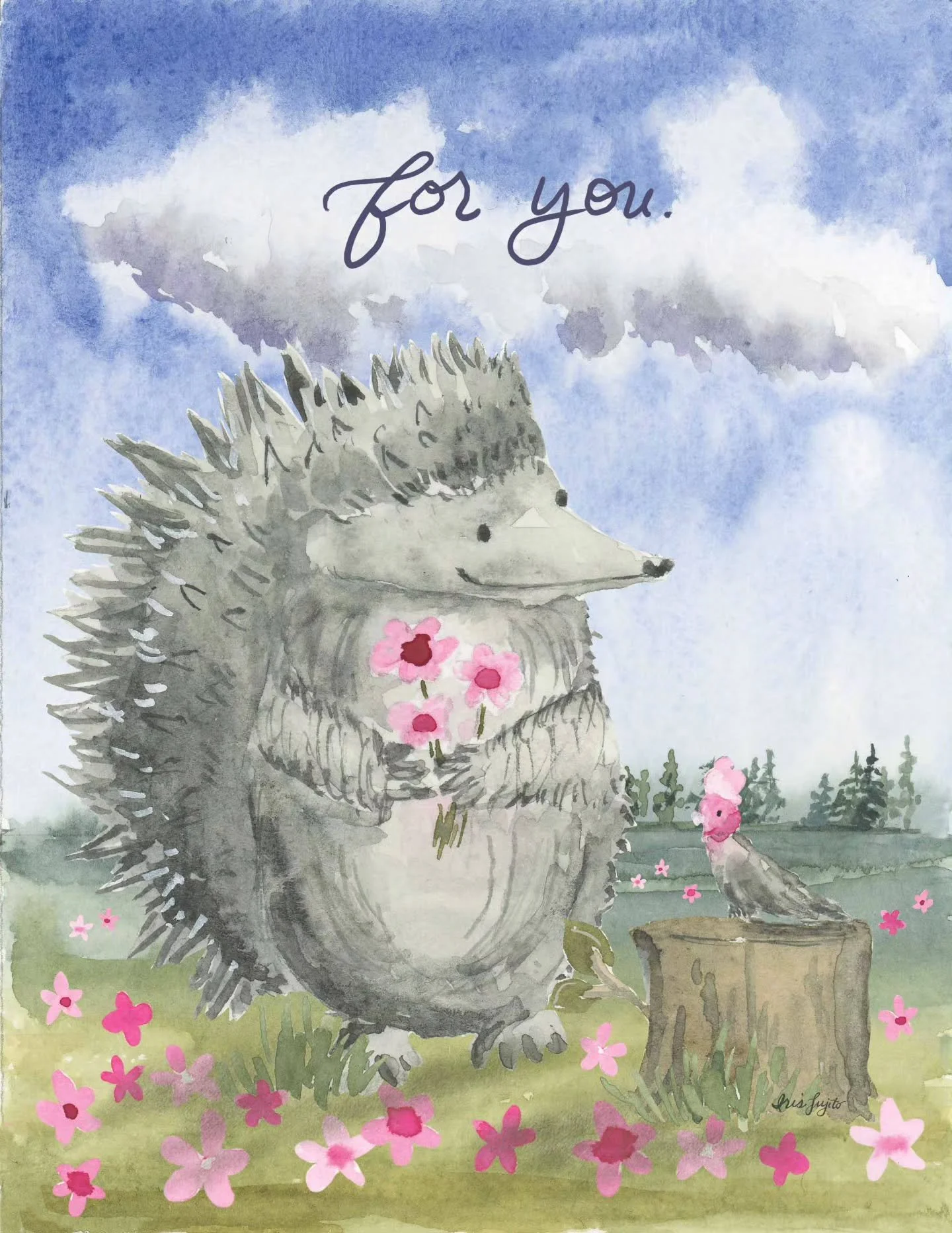 I painted a small Valentine trio in watercolor.

An echidna, that spiny little mammal, gathers flowers while a pink galah bird looks on.
A hedgehog stands awkwardly in a field of clover.
Two pangolins curl inward around a Valentine message.

These wa