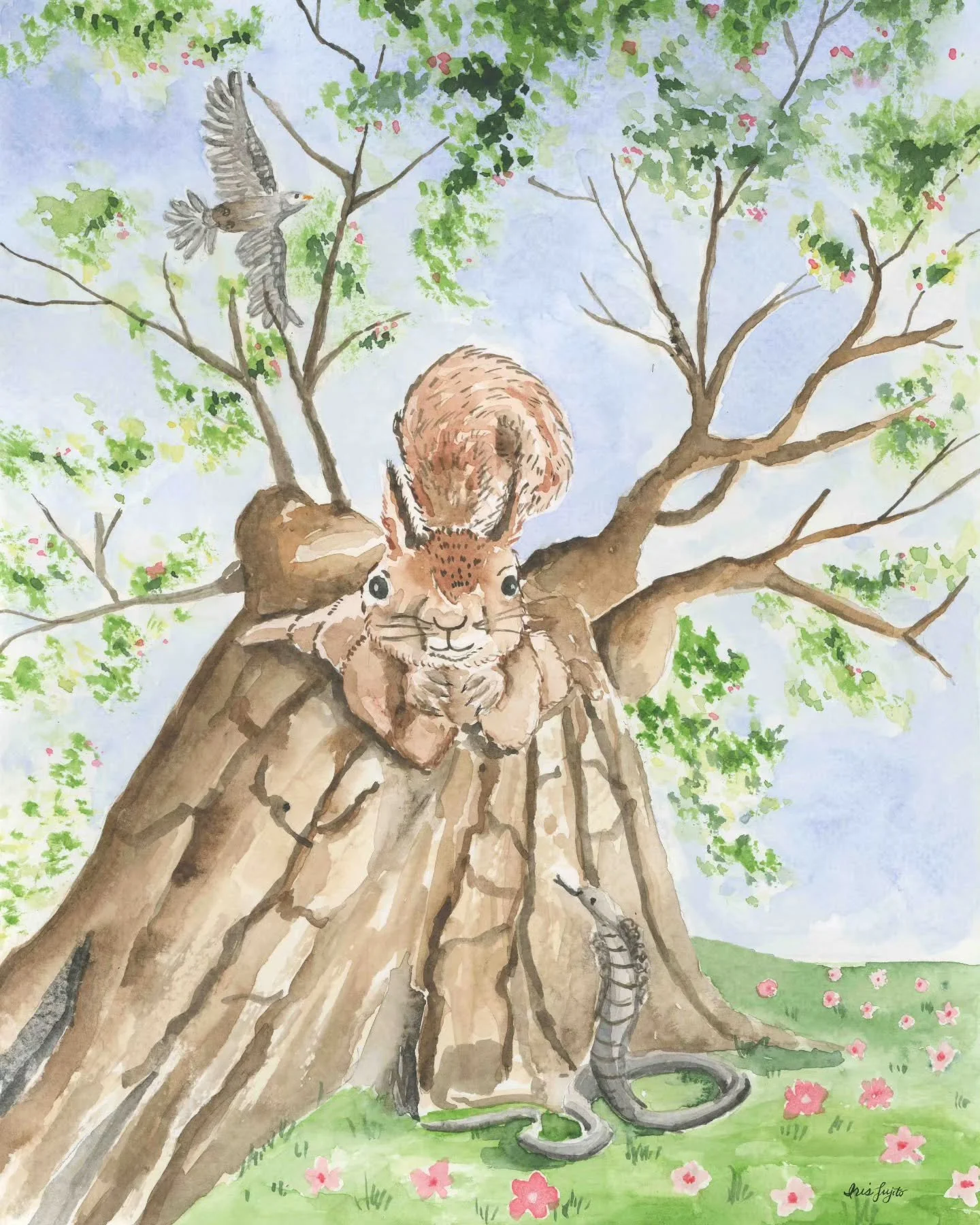 🐿🦅🐍This week&rsquo;s Jehane&rsquo;s Golden Thread prompt is the Woodland Squirrel.

In Norse mythology, a squirrel named Ratatoskr runs up and down Yggdrasil, the world tree, carrying messages between an eagle at the top and a serpent at the roots