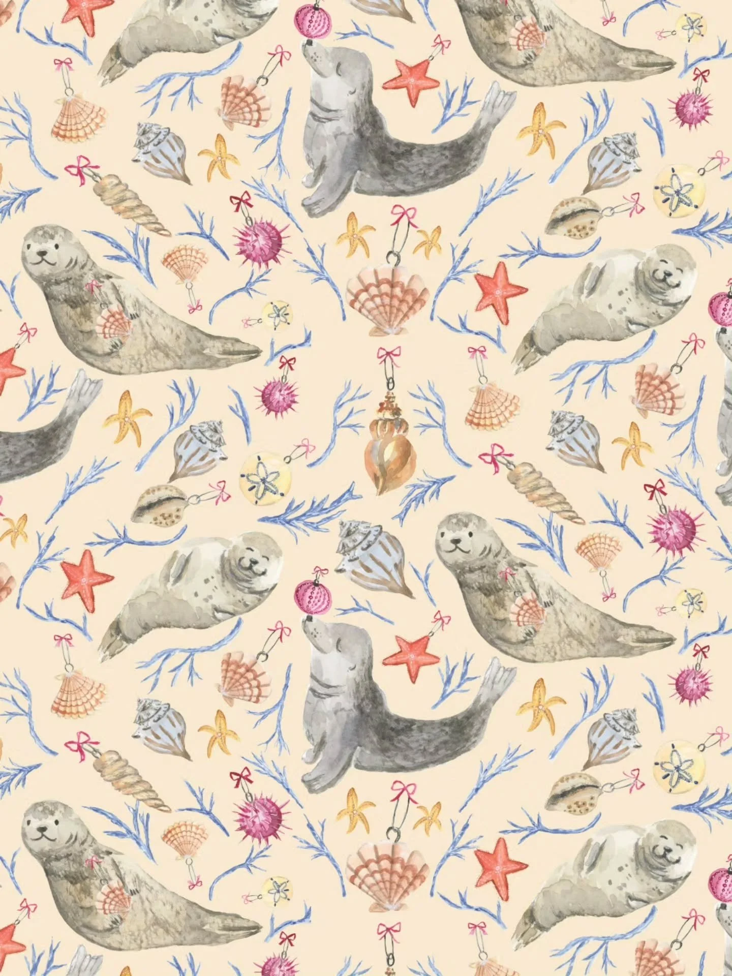 I have been building out watercolor surface pattern designs based on a coastal Christmas illustration I painted just a few months ago.

I wanted the seals in the original scene to feel playful and relaxed, as if they were celebrating around their dri