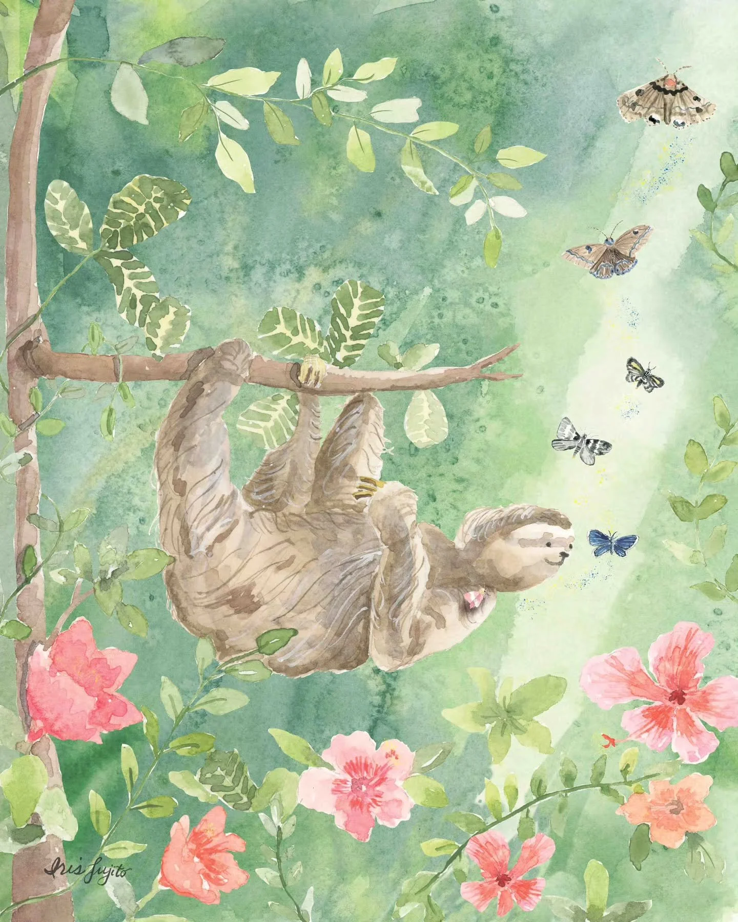 This sweet sloth... 

I love drawing animals because they carry such personality. This sloth began as part of Jehane&rsquo;s Golden Thread last year. My research into the sloth's relationship with the sloth moth gave me the direction for my illustrat