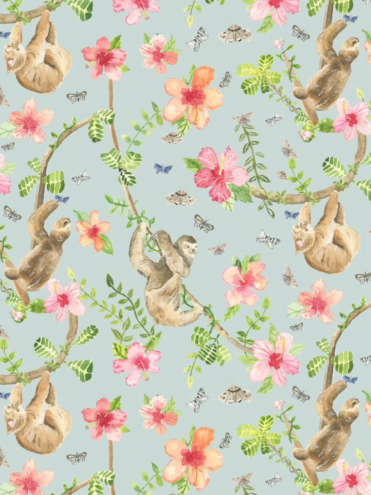 Here it is!  Earlier this week I shared the watercolor sloth illustration that anchors this small trio. Here is the pattern built from it.  I am particularly pleased that I was able to carry the narrative aspect forward into the pattern. 

Turning an