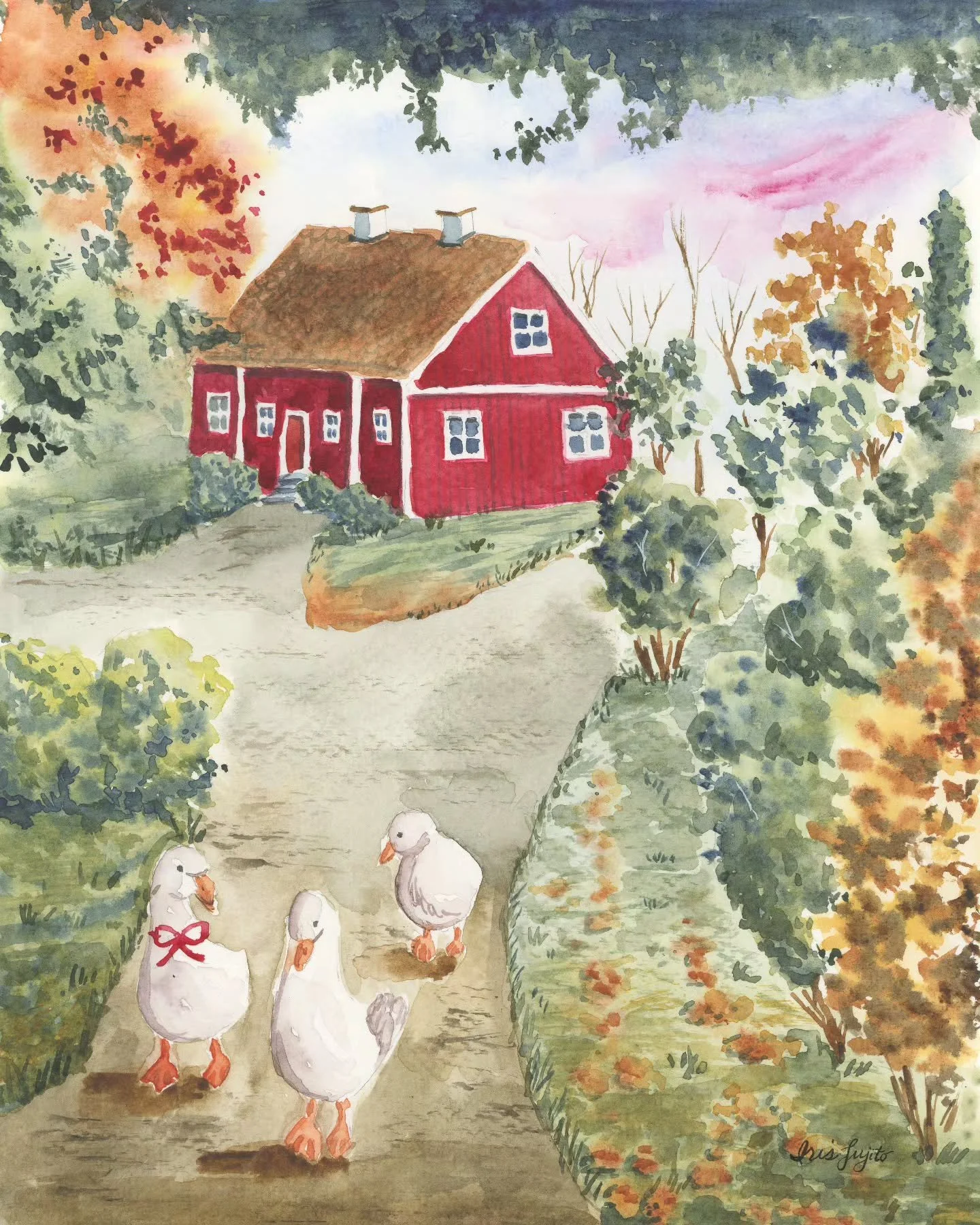 I shared a short reel previously showing how this watercolor painting came together.

Here is the finished piece.&nbsp;&nbsp;

This watercolor painting began with Jehane&rsquo;s Golden Thread Scandi prompt: Falur&ouml;d Stuga, the traditional red cot