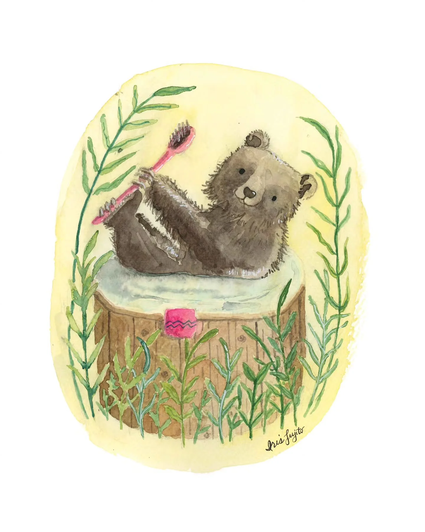 In this watercolor illustration, I wanted to continue with this collection of animals bathing.  This bear is having a relaxing soak in a barrel bathtub. Lush green leaves surround this peaceful bath. He's got his bath brush and face towel to give him