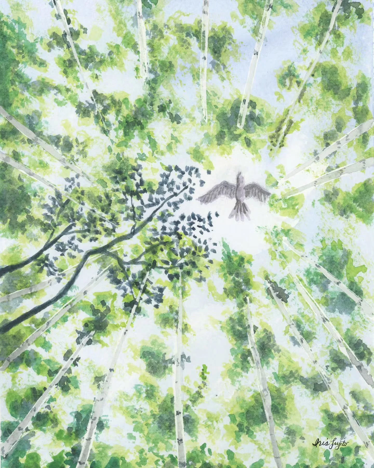 I'm participating in this Planet Week art challenge. This watercolor illustration is my response to the prompt "Forest Growing". I love the view of the forest from a low angle. The way the light filters through the leaves, creating shadow a