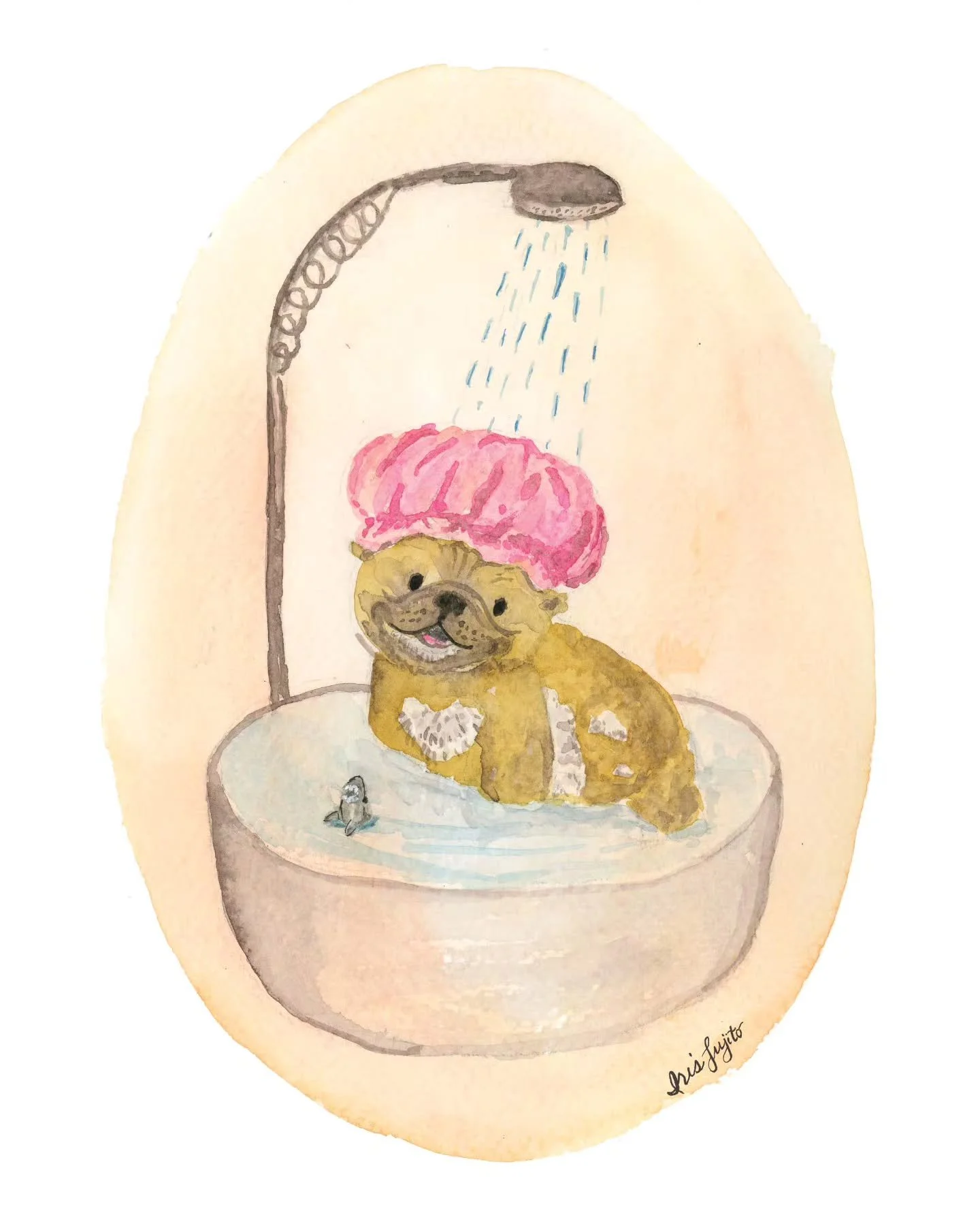 I couldn't resist painting this cheery pitbull enjoying her shower (so unlike my pet dog!) She dons a cute pink shower cap and has her toy shark to play with.  This watercolor illustration continues my whimsical set of animals bathing -- perfect for 