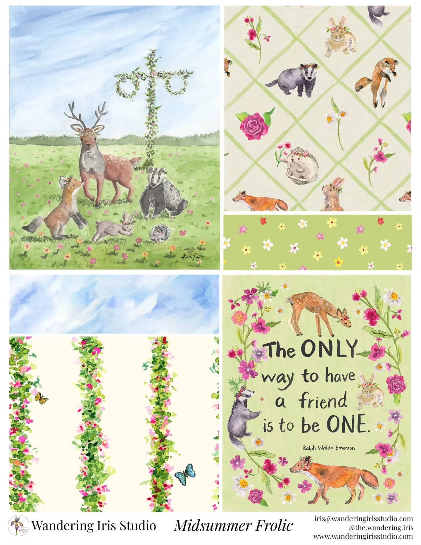 This is my watercolor Midsummer Frolic collection based on the illustration I painted with the playful animals around the Maypole.  I took each element of this hero illustration and gave it a chance to shine in different patterns.  Even the sky had t
