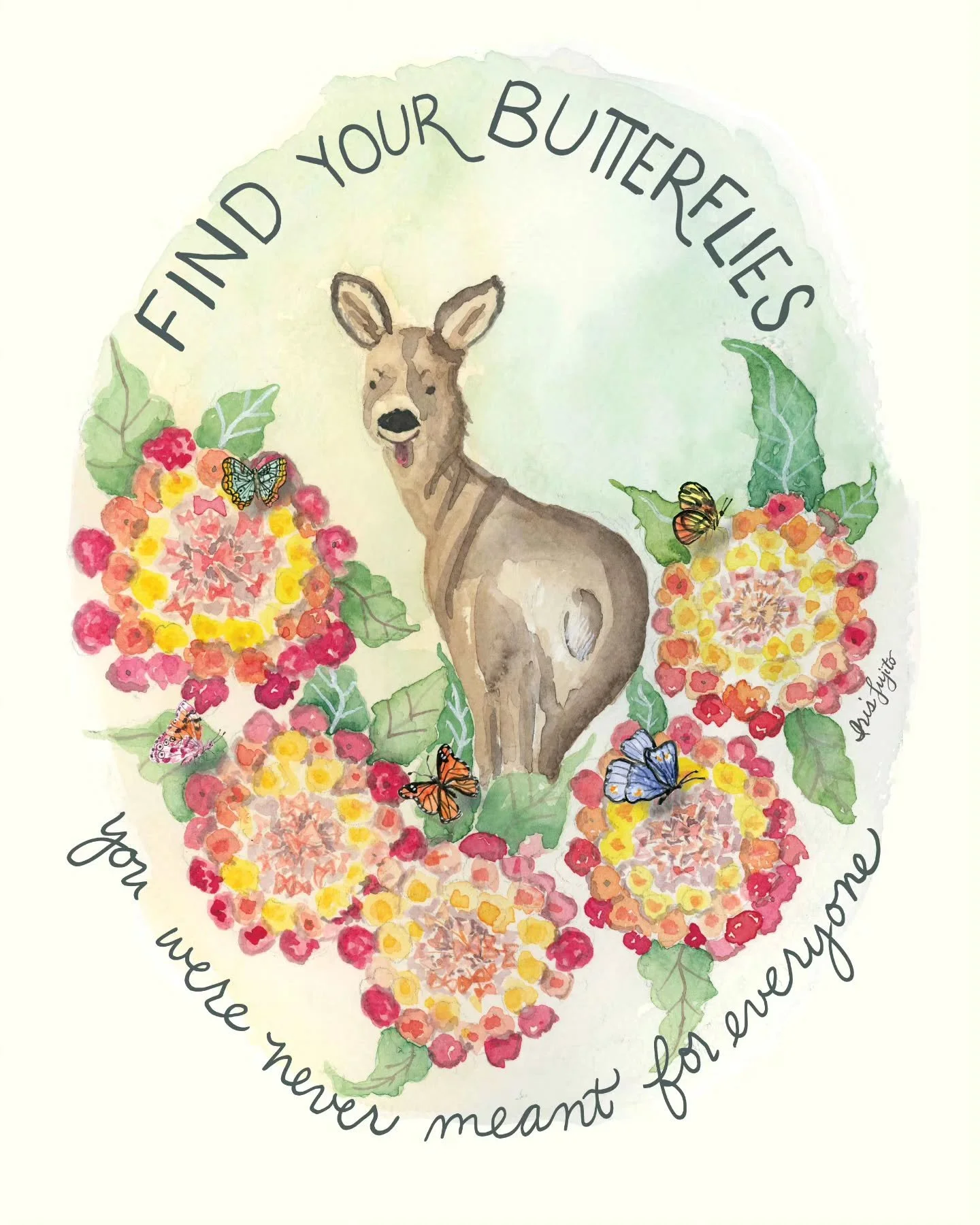This watercolor illustration is my response to the #bugsinbloom2026 challenge.  These lantana flowers are poisonous to deer so this deer is cheekily keeping his distance from them.  Butterflies are a natural pollinator for these flowers. 

This was s