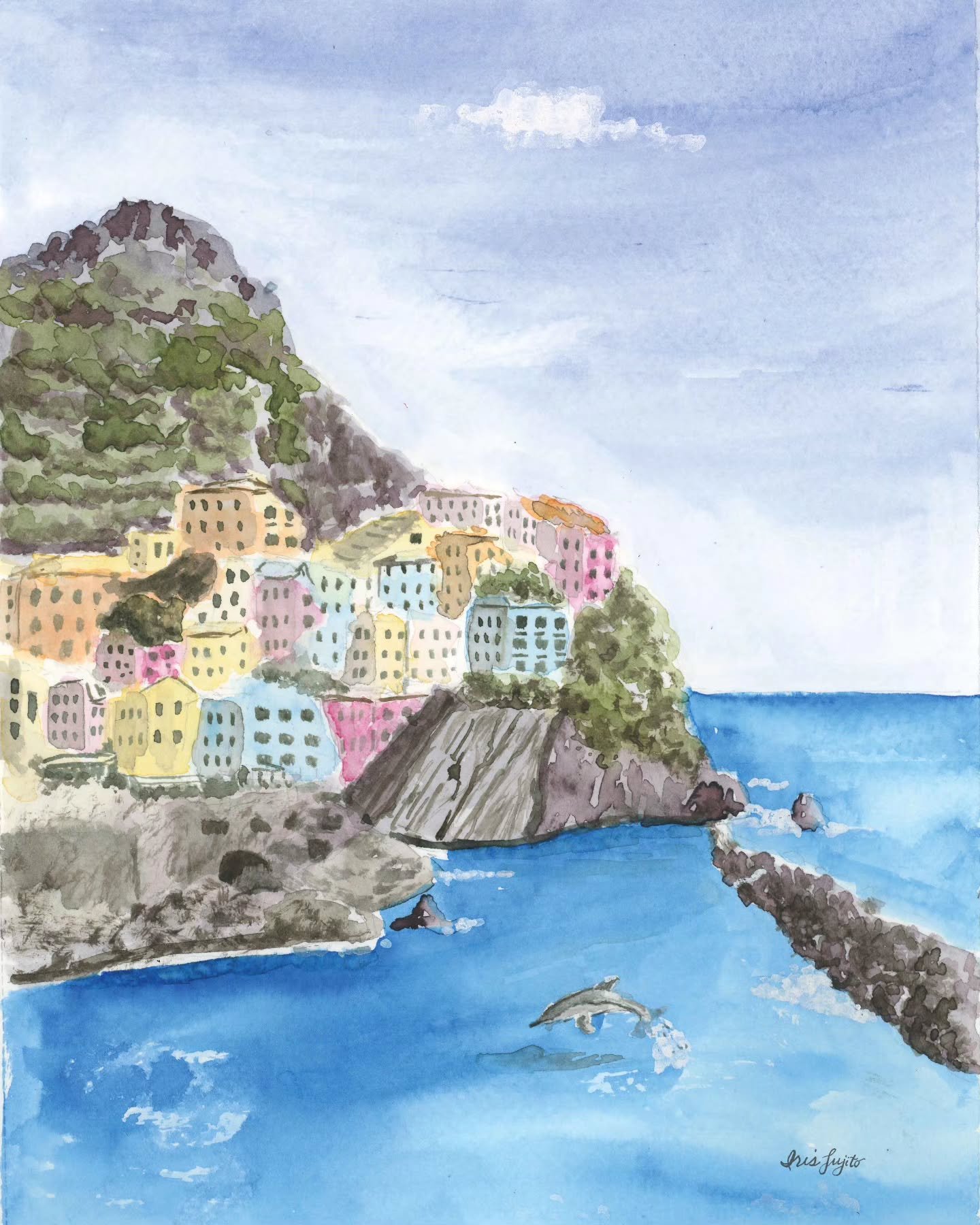 I wanted to get in on this Mediterranean trend but do it my way! This is a watercolor painting of Cinque Terre, a region of the Italian Riviera.  The colors are so vibrant in Italy, especially the pink, orange, and yellow houses set against the blue 