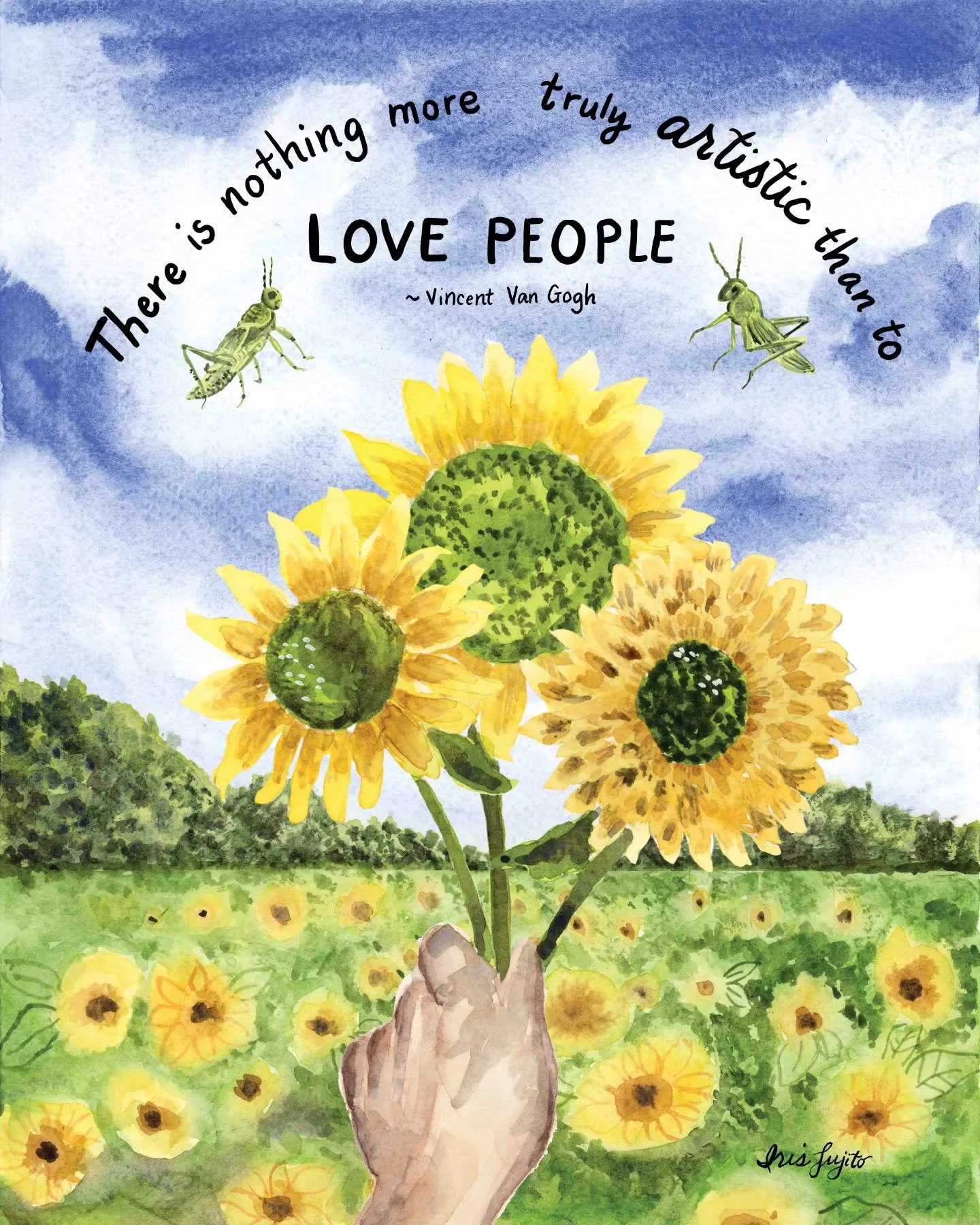 For the last challenge of #bugsinbloom2026, sunflowers and grasshoppers, I wanted to tie this watercolor illustration back to kindness as I've done in the other 3 illustrations. I hand-lettered this quote by Van Gogh "There is nothing more truly