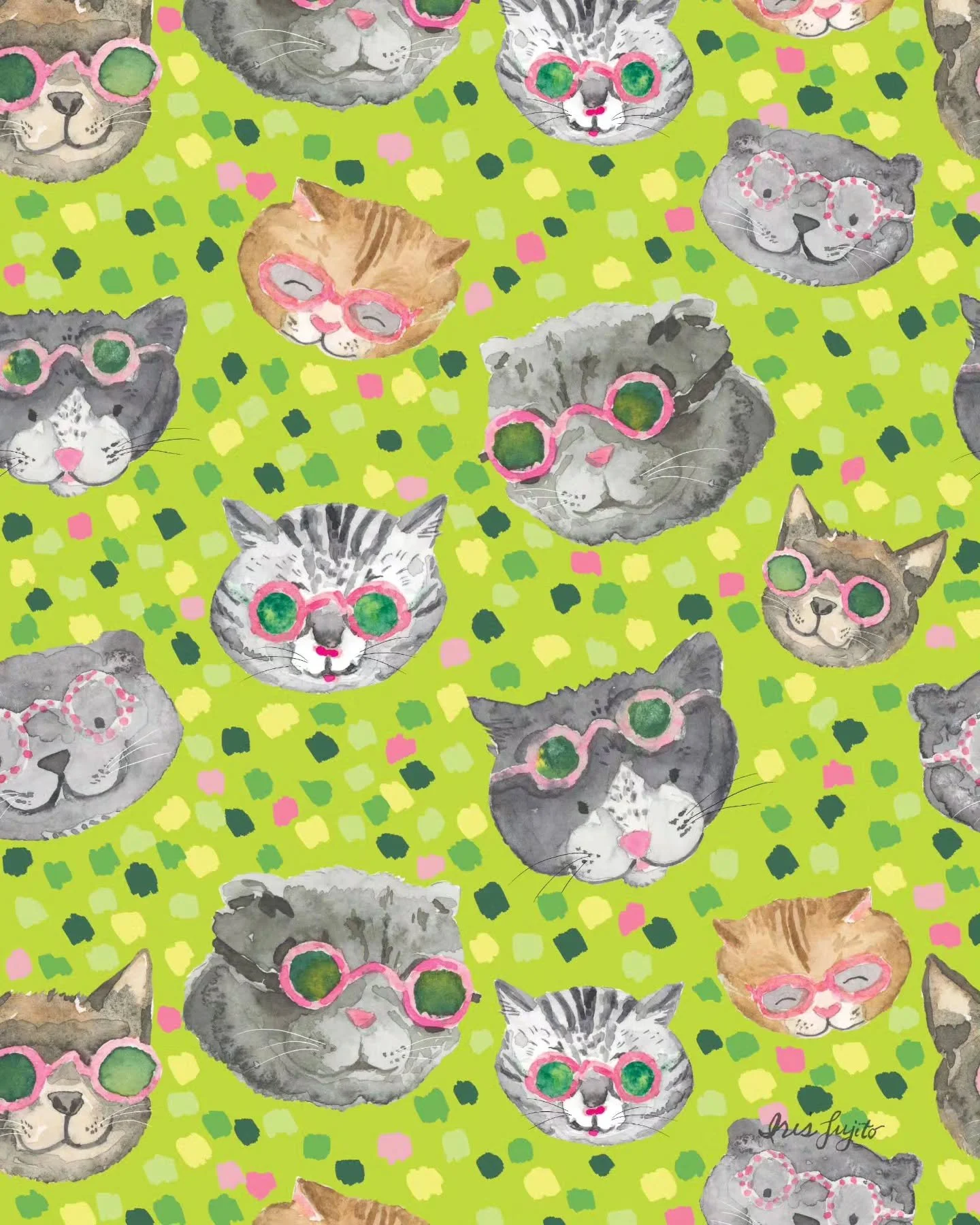 I thought cats in little glasses would make a fun seamless surface pattern this summer. I painted these little kitties in watercolor, each one in hot pink sunglasses. It's perfect for wrapping paper, fabric, and stationery. Still playing with differe